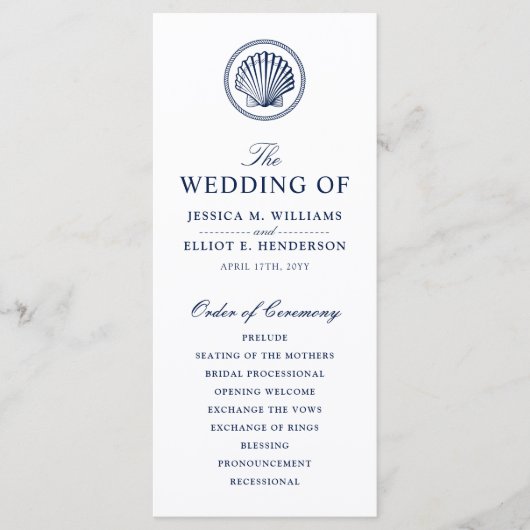 Minimal Nautical Wedding Programm Seashell Thema (Vorderseite)