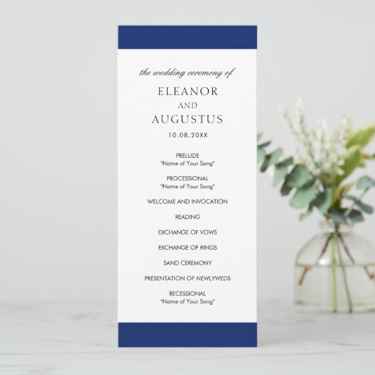 Minimal Navy Blue Classic Einfache Hochzeit Programm (Stehend Vorderseite)