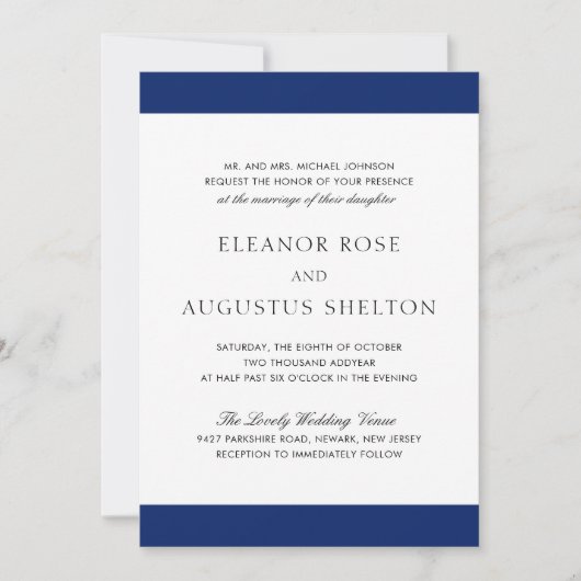 Minimal Navy Blue Elegante Moderne Hochzeit Einladung (Vorderseite)
