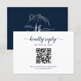 Minimal Navy Blue Floral Monogram QR Code Hochzeit RSVP Karte