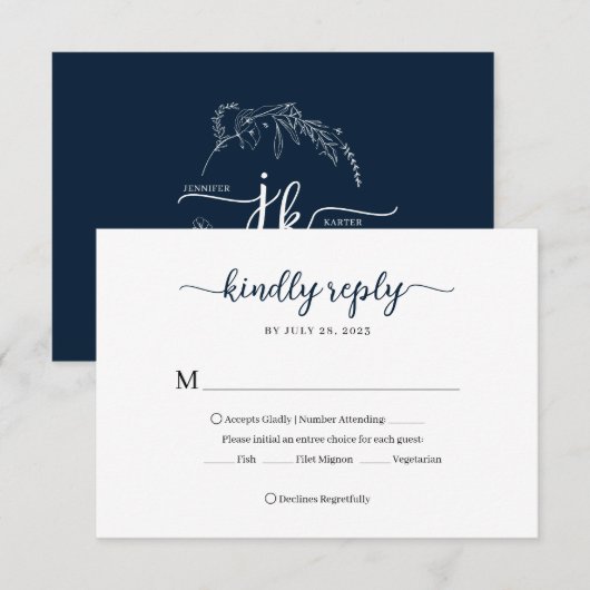 Minimal Navy Blue Floral Monogram Wedding RSVP Karte (Vorne/Hinten)
