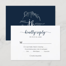 Minimal Navy Blue Floral Monogram Wedding RSVP Karte