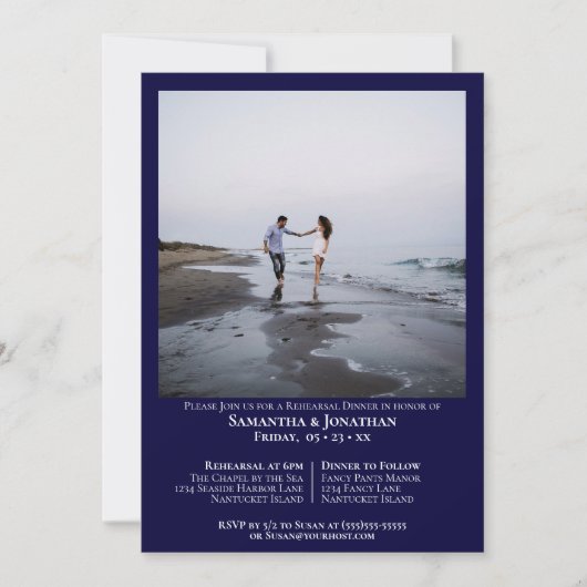 Minimal Navy Blue Foto Hochzeit Probe Dinner Einladung (Vorderseite)
