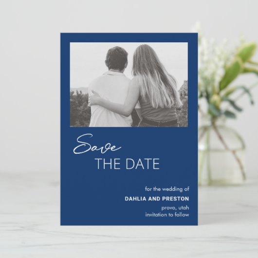 Minimal Navy Blue Foto Moderne Hochzeit Save The Date (Stehend Vorderseite)