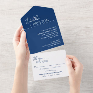 Minimal Navy Blue Moderne Hochzeit All In One Einladung