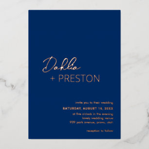 Minimal Navy Blue Moderne Hochzeit Folieneinladung
