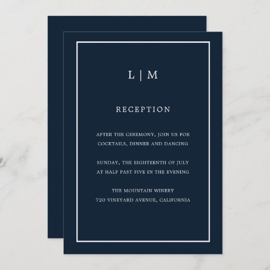 Minimal Navy Blue Monogram Simple Elegant Wedding Einladung (Vorne/Hinten)