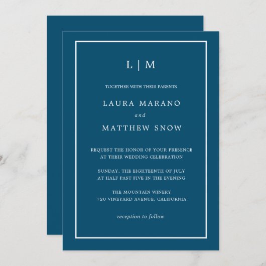 Minimal Navy Blue Monogram Simple Wedding Einladung (Vorne/Hinten)