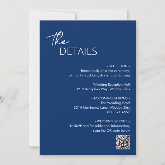 Minimal Navy Blue QR Code Moderne Hochzeit Einladung (Rückseite)