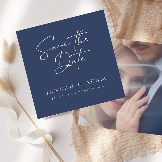 Minimal Navy Blue Script Typografy Foto Hochzeit Save The Date