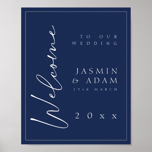 Minimal Navy Blue Script Wedding Willkommenszeiche Poster (Vorne)