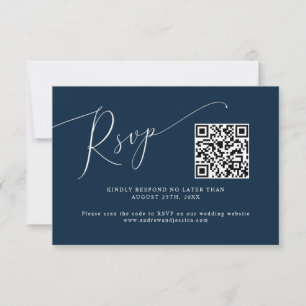 Minimal Navy Blue Wedding QR Code RSVP Karte