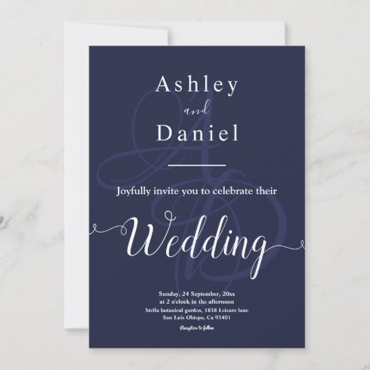 Minimal Navy Blue White Monogram Delicate Wedding Einladung (Vorderseite)