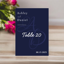 Minimal Navy Blue White Monogram Elegant Wedding Tischnummer