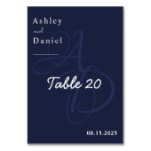 Minimal Navy Blue White Monogram Elegant Wedding Tischnummer (Vorderseite)