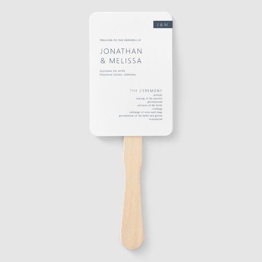 Minimal Navy Blue & White Monogram Wedding Program Fächer (Vorderseite)