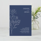 Minimal Navy Blue White Wildblumen Hochzeit Einladung (Stehend Vorderseite)
