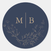 Minimal Navy Gold Botanische Mit Monogramm Hochzei Runder Aufkleber (Vorderseite)