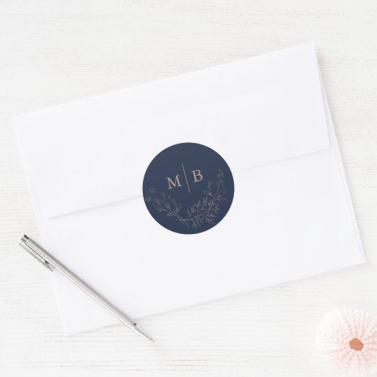 Minimal Navy Gold Botanische Mit Monogramm Hochzei Runder Aufkleber (Umschlag)