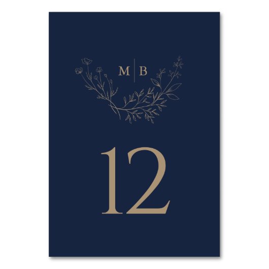 Minimal Navy Gold formale Monogram Hochzeit Tischnummer (Vorderseite)