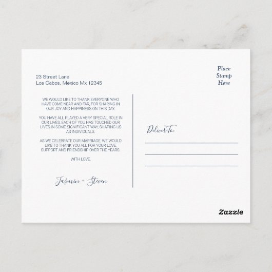 Minimal Navy Kalligrafie Script Hochzeit Vielen Da Postkarte (Rückseite)