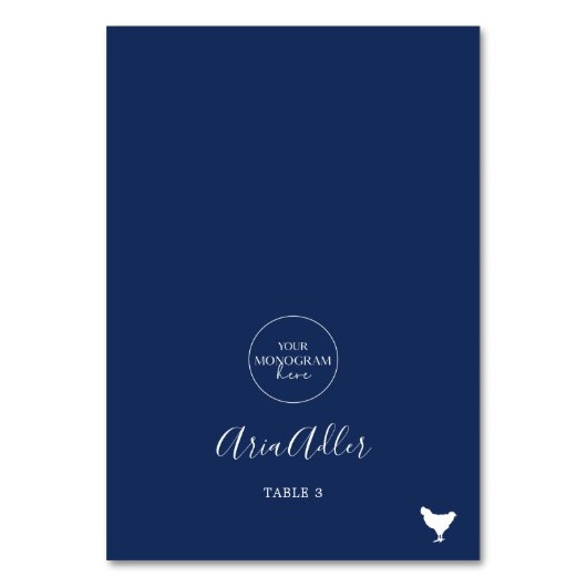 Minimal Navy Monogram Chicken Meal Platzkarten Tischnummer (Vorderseite)