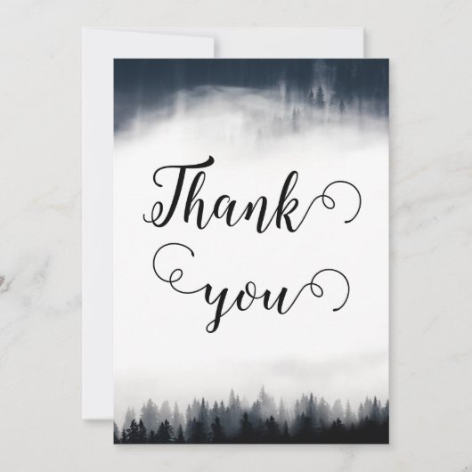 Minimal neblig Fichtenwald Naturhochzeit Dankeskarte (Vorderseite)