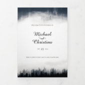 Minimal neblig Fichtenwald Naturhochzeit Dreifach-gefaltete Programmkarte (Cover)