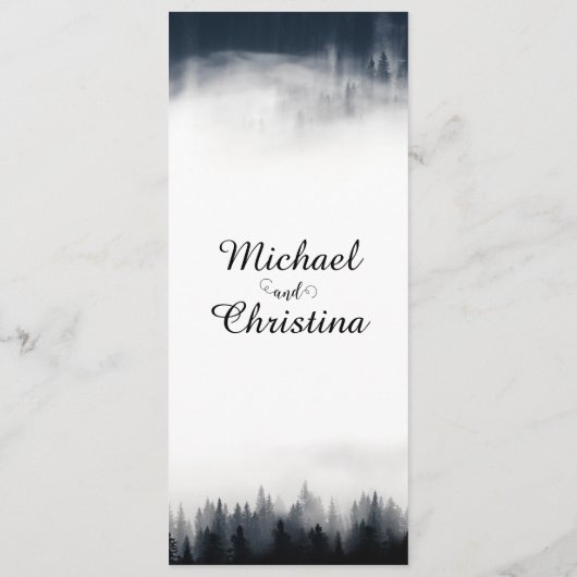Minimal neblig Fichtenwald Naturhochzeit Menükarte (Rückseite)