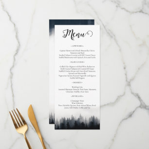 Minimal neblig Fichtenwald Naturhochzeit Menükarte