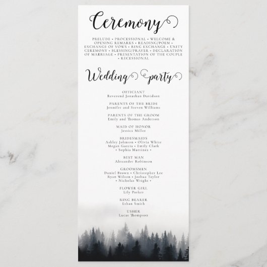 Minimal neblig Fichtenwald Naturhochzeit Programm (Rückseite)