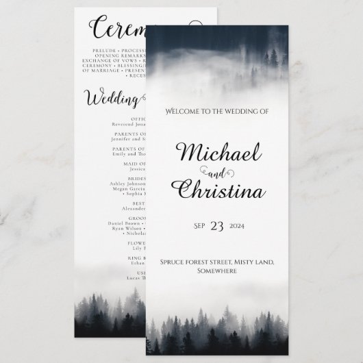 Minimal neblig Fichtenwald Naturhochzeit Programm (Vorne/Hinten)
