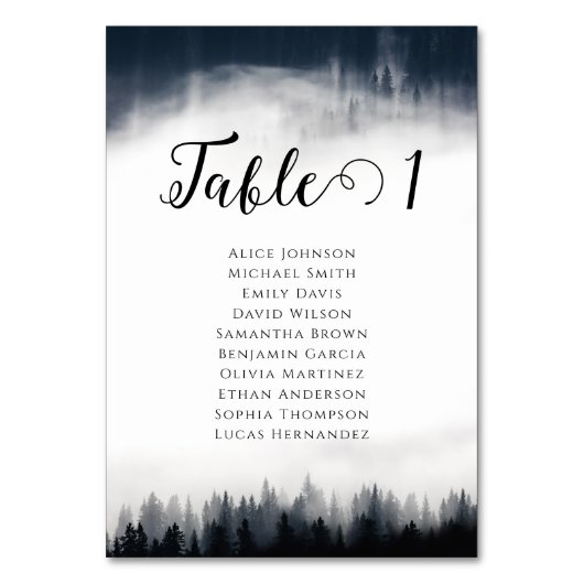 Minimal neblig Fichtenwald Naturhochzeit Tischnummer (Vorderseite)
