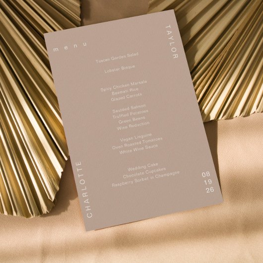 Minimal neutrale Tan Cream Wedding Dinner Menükarte