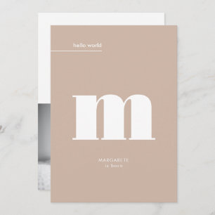 Minimal neutrales Beige Monogram Foto Baby Ankündigung