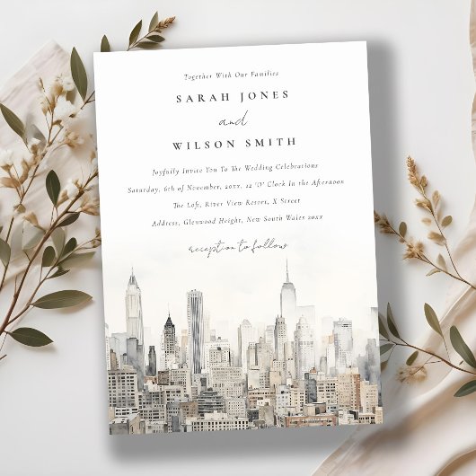 Minimal New York City Skyline Watercolor Wedding Einladung