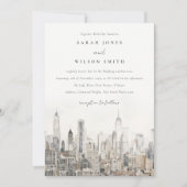 Minimal New York City Skyline Watercolor Wedding Einladung (Vorderseite)