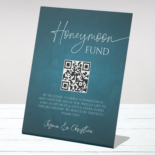 Minimal Ocean Blue Wedding Honeymoon Fund QR Code Sockelschild