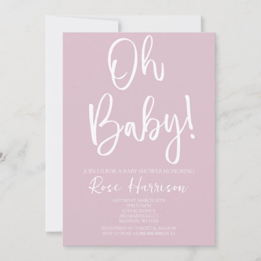 Minimal Oh Baby! Pink Baby Girl Babydusche Einladung (Vorderseite)