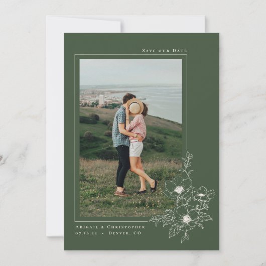 Minimal Olive Green Anemone Kunst, Dichtung und Mu Save The Date (Vorderseite)