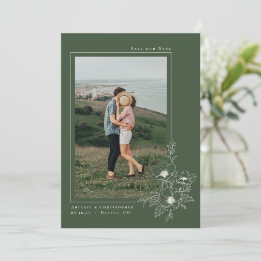 Minimal Olive Green Anemone Kunst, Dichtung und Mu Save The Date (Stehend Vorderseite)