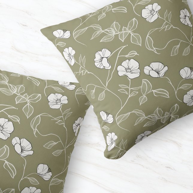 Minimal Olive Green Floral Line Weiße Blume Kissen (Minimal Olive Green Floral Line Art White Flower Throw Pillow)