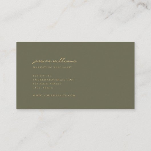 Minimal Olive Green Gold Script Visitenkarte (Rückseite)