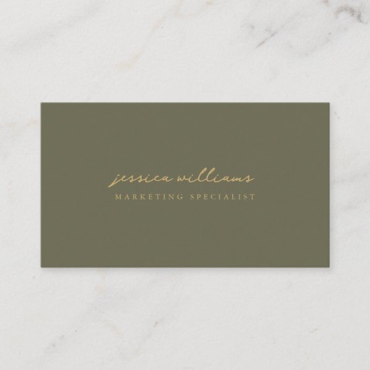 Minimal Olive Green Gold Script Visitenkarte (Vorderseite)