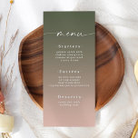 Minimal Ombre Hunter Green & Pink Wedding Menükarte<br><div class="desc">Einfache Minimal Ombre Hunter Green & Pink Hochzeitsessen Menü. Diese moderne schicke Menu-Karte ist einfach klassisch und elegant mit einem subtilen ombre-Farbverlauf und einem hübschen Signatur-Script-Kalligraphie-Schriftart mit Schwänzen. Im Chic Ombre Hunter Green & Pink Colorway gezeigt. Mit einem hübschen Monogramm auf der Rückseite. Erhältlich in mehreren Farboptionen, oder fühlen Sie...</div>