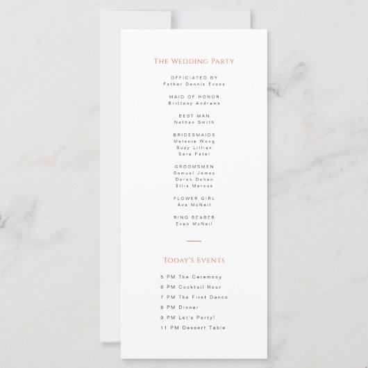 Minimal Orange Typografy Wedding Program Card (Rückseite)