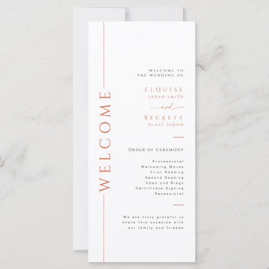 Minimal Orange Typografy Wedding Program Card (Vorderseite)