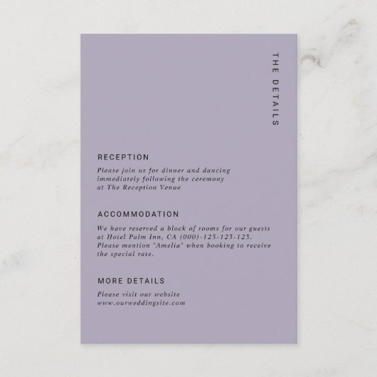 Minimal Pale Purple Modern Simple Wedding Details Begleitkarte (Vorderseite)