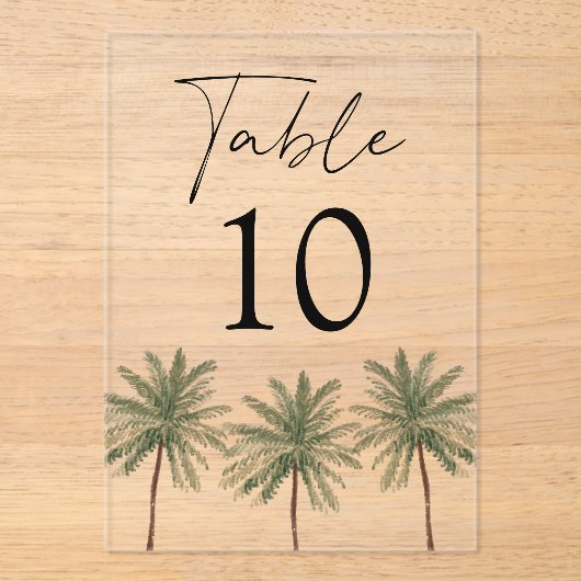 Minimal Palm Tree Acrylic Wedding Tischnummer (Vorderseite)