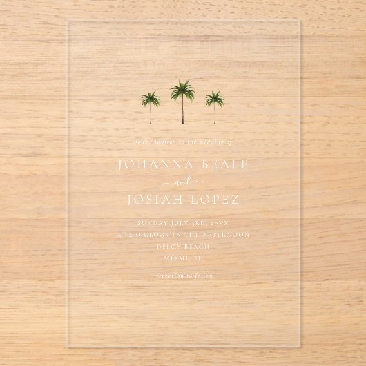 Minimal Palm Tree Elegante Hochzeit Acryleinladungen (Vorderseite)